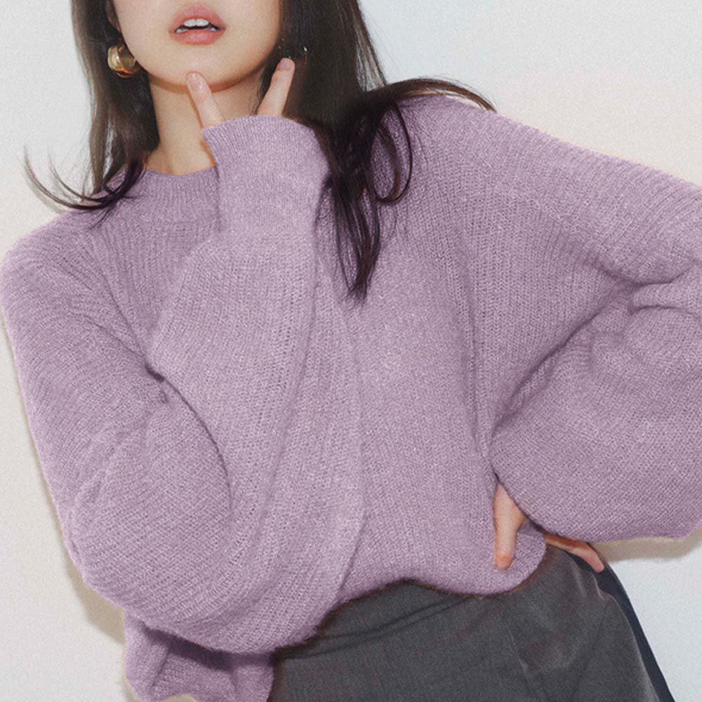 日本 GRL - 聯名款 圓領短版寬鬆針織上衣-粉紫 (F)