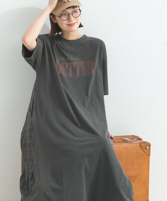 日本 Lupilien - 復古寬鬆格紋拼接短袖洋裝-BETTER-水藍