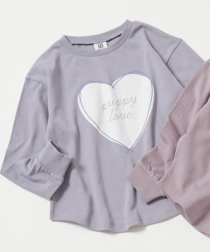 日本 devirock - 100%棉 女孩印花長袖上衣-大型愛心-粉紫