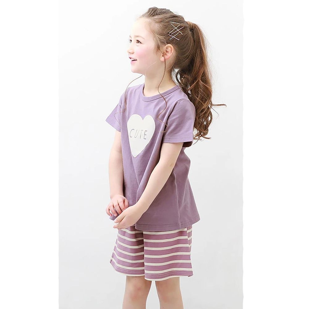 日本 devirock - 純棉舒適短袖家居服/睡衣-愛心條紋-粉紫