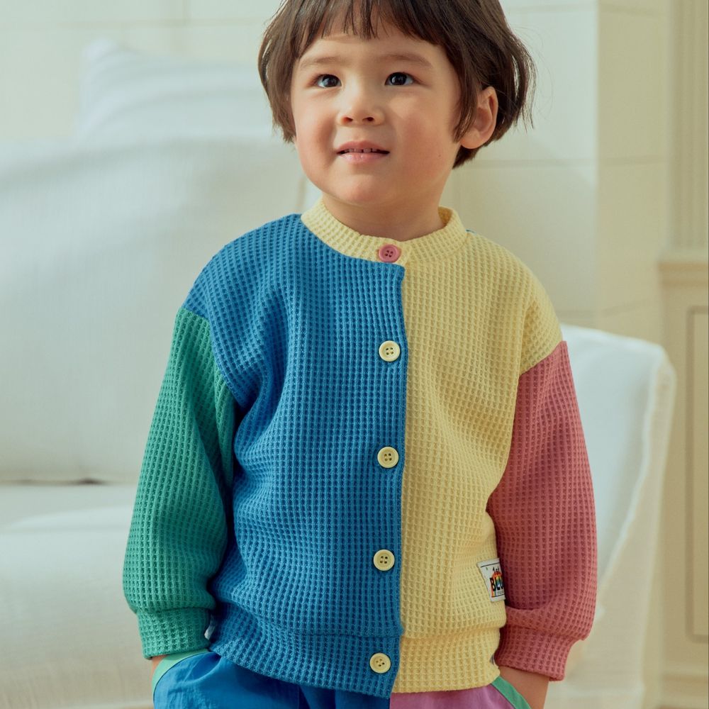 First Blue 繽紛拼色鬆餅格紋針織外套-綠X藍X黃X粉