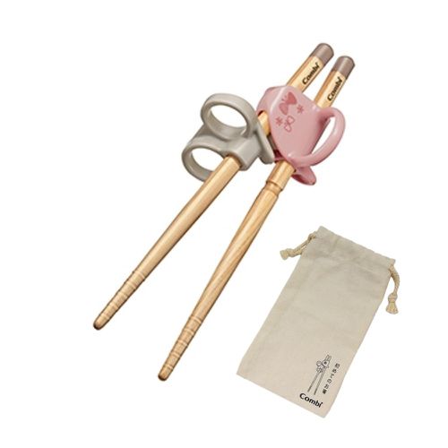 日本 Combi - 木製三階段彈力學習筷-右手-蝴蝶粉-日本製+贈學習筷環保收納袋