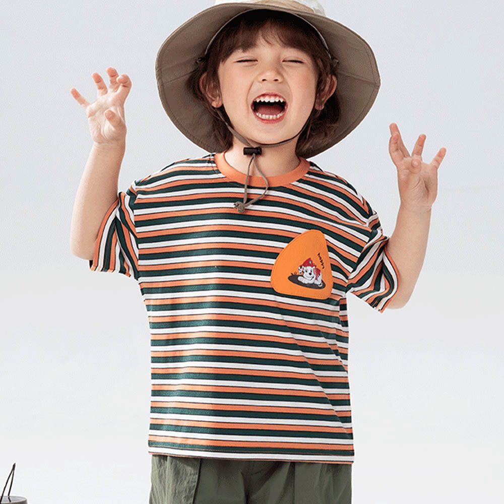 卡通汪汪隊圓領短袖上衣-卡通人物毛毛-橘綠條紋