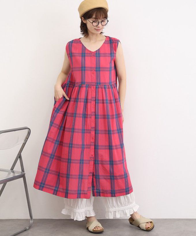 日本 Lupilien - 100%印度棉 清爽格紋開襟無袖洋裝-桃紅