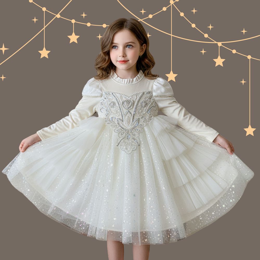 新年生日Party公主風精緻珍珠鑽飾網紗蛋糕裙長袖洋裝-法式奶油白色