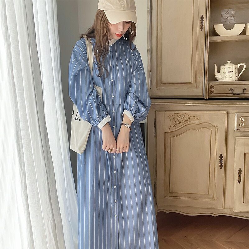 日本 Classical Elf - 修身立領泡泡袖襯衫洋裝-直條紋-海軍藍