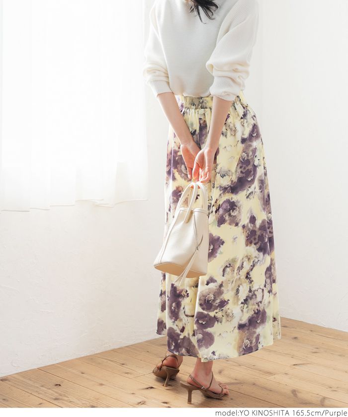 日本 COCA - 水彩渲染花朵伸縮彈性長裙-紫米 (FREE)