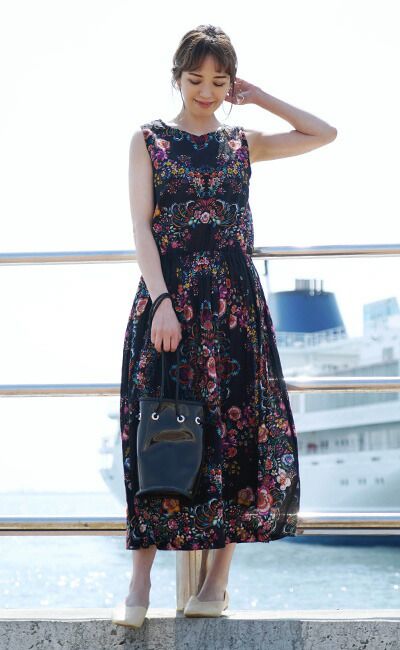 日本 zootie - 100%印度棉碎花無袖長洋裝-黑底歐風花園 (F)