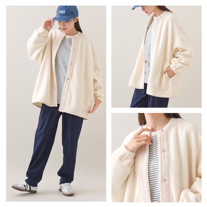 日本 OMNES - 溫柔短毛絨鈕扣無領保暖外套-黑