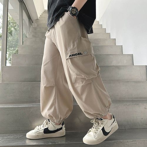 腰鬆緊休閒束口長褲/防蚊褲-潮流口袋-卡其色