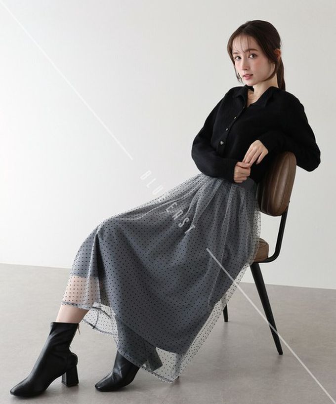 日本 BLUE EAST - 華麗雙層薄紗魅力長裙(可選長度)-格紋-海軍藍