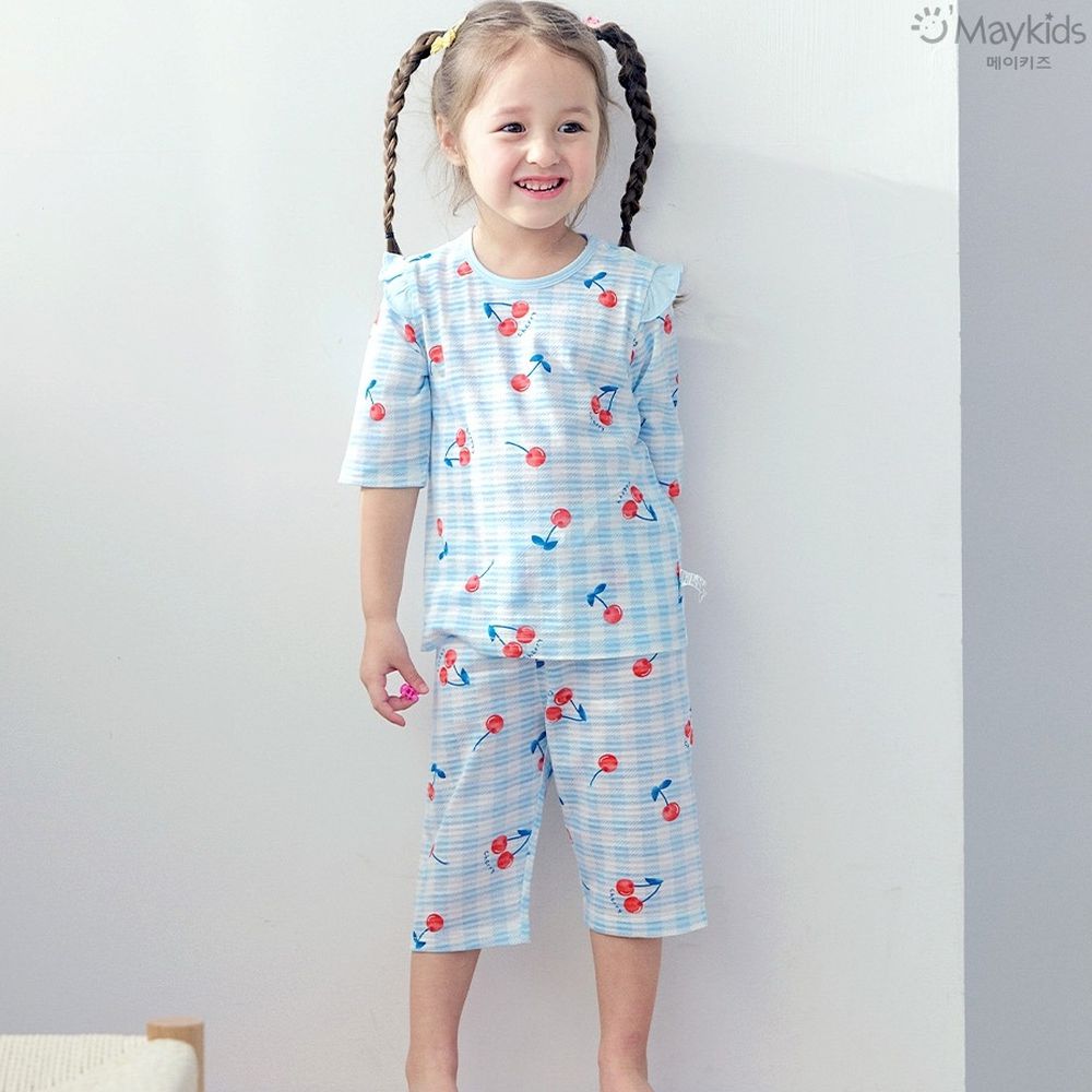 透氣條紋提花棉七分袖家居服-格紋櫻桃-天藍