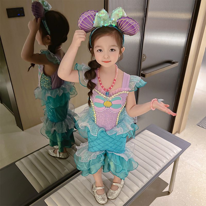 無袖造型萌萌連身公主裙-卡通人物-美人魚-藍綠+紫