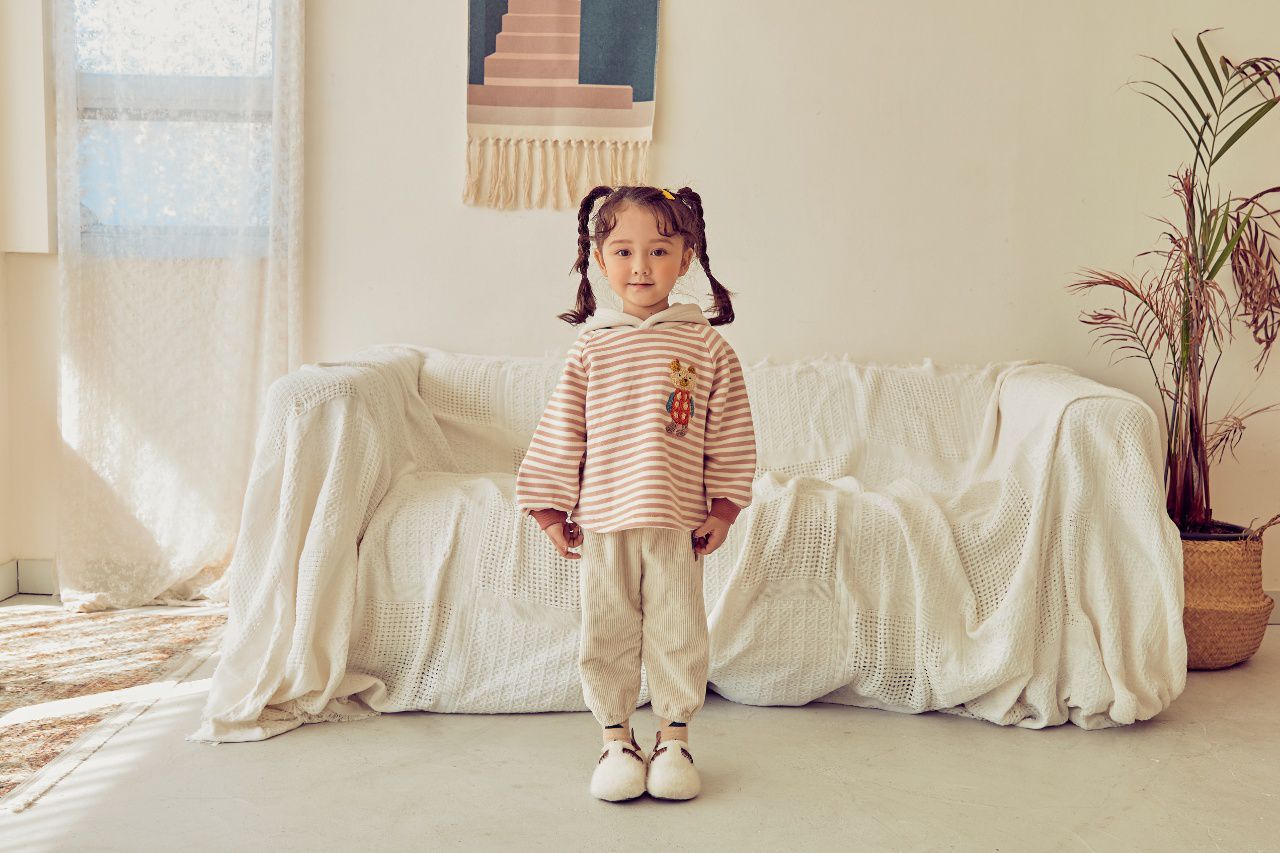 韓國 Mimico - (裏起毛)立體熊熊條紋連帽T-暗粉