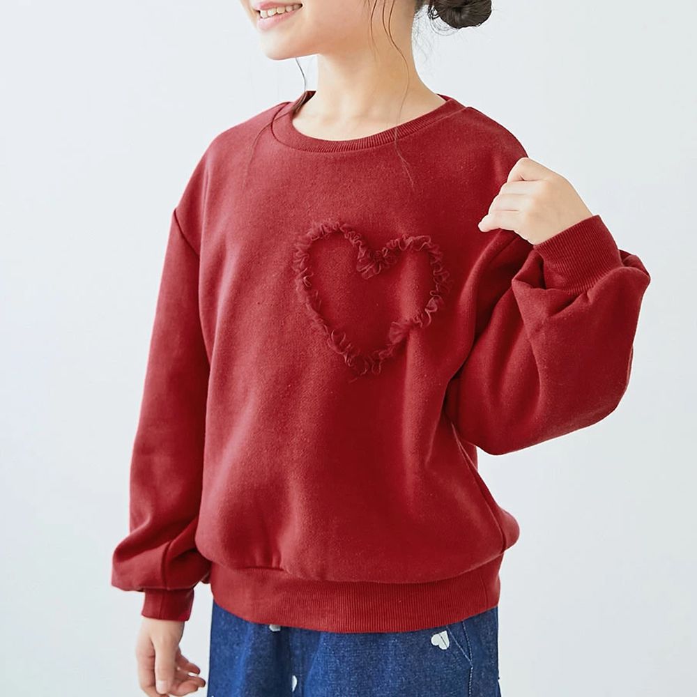 裏起毛蕾絲愛心長袖上衣-紅