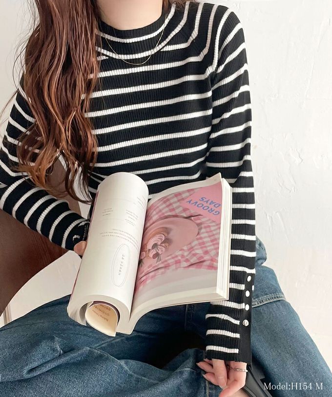 日本 Classical Elf - 時尚金釦修身羅紋長袖上衣-黑