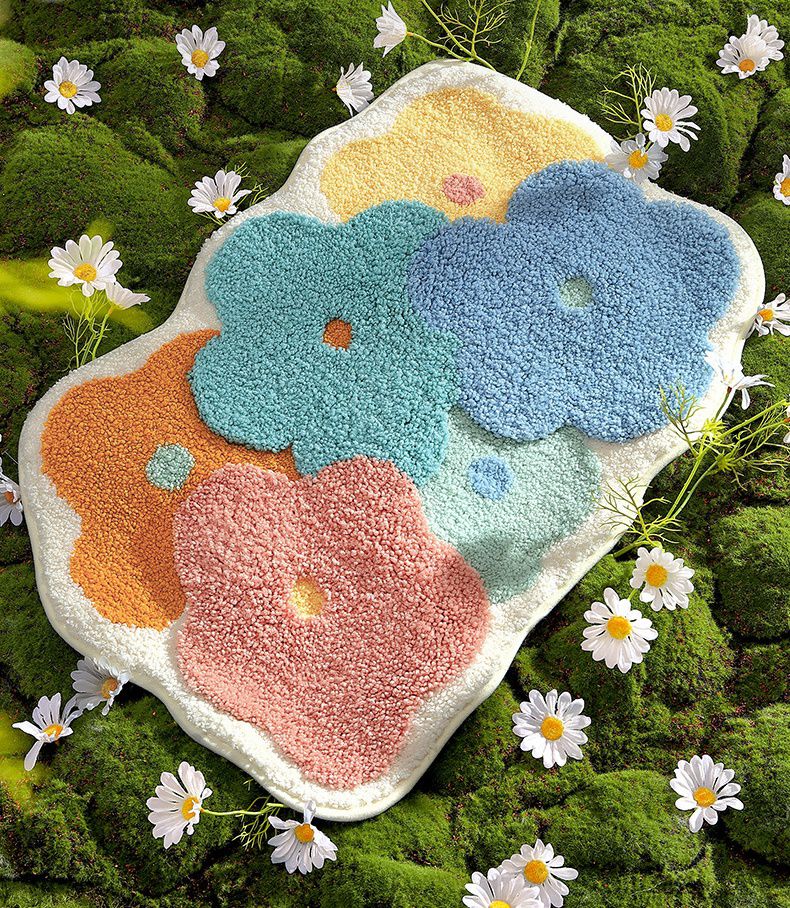 造型快速吸水植絨浴室腳踏墊-繽紛花花-奶白色 (45x70cm)