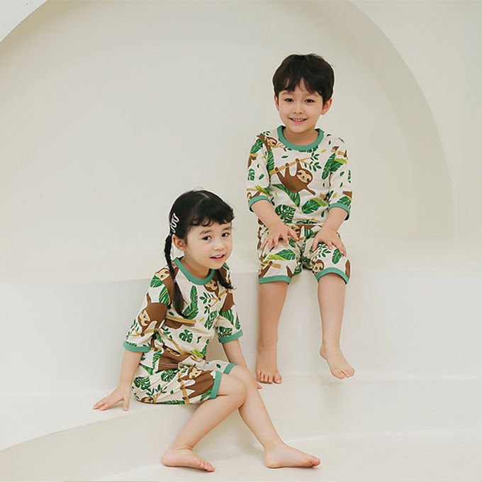 正韓 Puco - 超優質嬰幼兒/兒童七分袖100% 有機純棉家居服/睡衣-開心樹懶