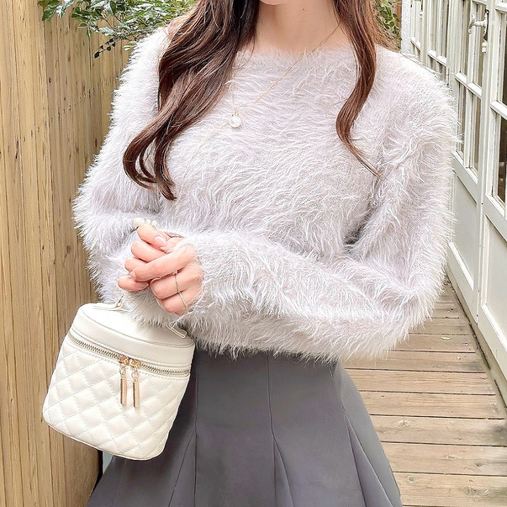 華麗毛茸茸短版針織上衣-淺灰 (F)