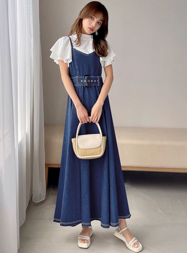 日本 GRL - 率性收腰丹寧吊帶裙(附腰帶）-靛藍