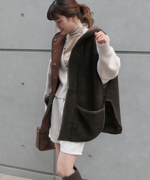 日本 Riche Glamour - 泰迪熊弧形衣襬連帽背心外套-深灰咖