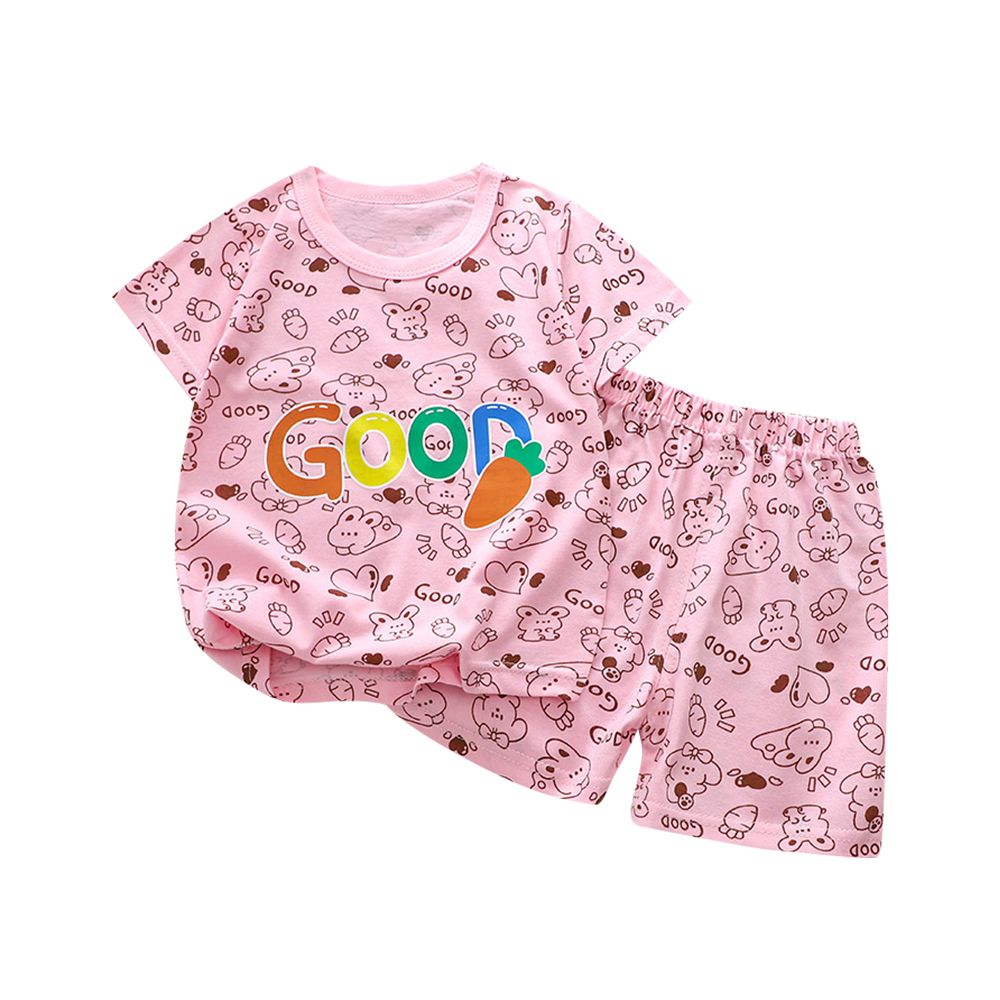 JoyNa - 兒童純棉短袖 兩件式家居服套裝 圓領套裝-粉色滿花