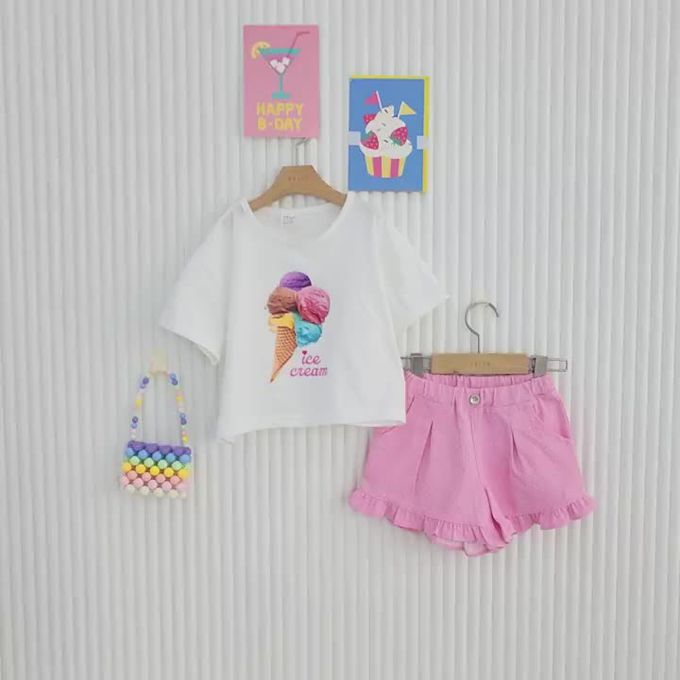 韓國 Dalla - 繽紛甜筒印短袖上衣-珊瑚橘