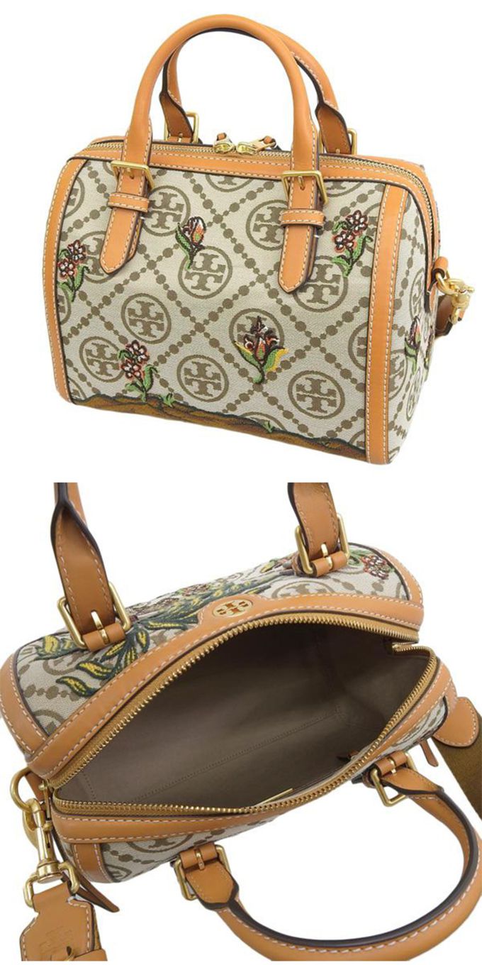 Tory burch - 刺繡拼接皮革波士頓包 (卡其)