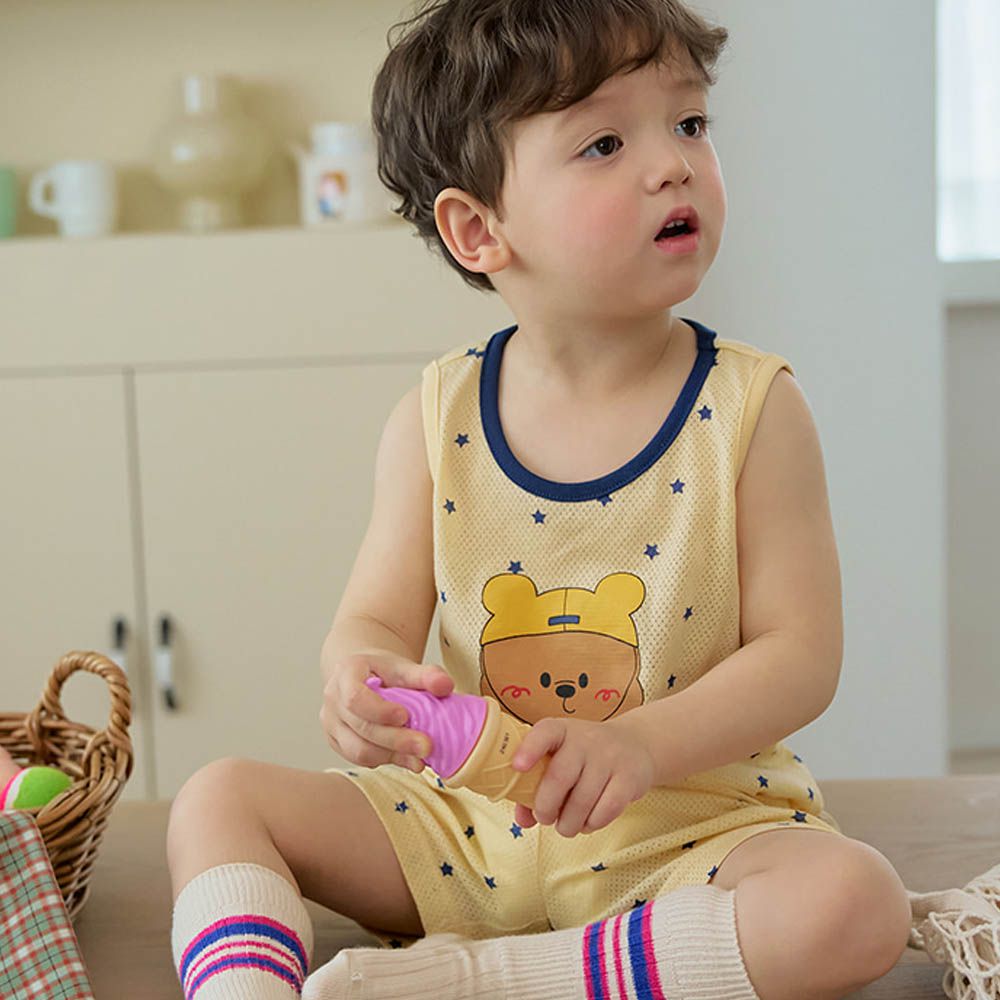 透氣網眼洞洞無袖家居服/睡衣-泳圈小熊-黃