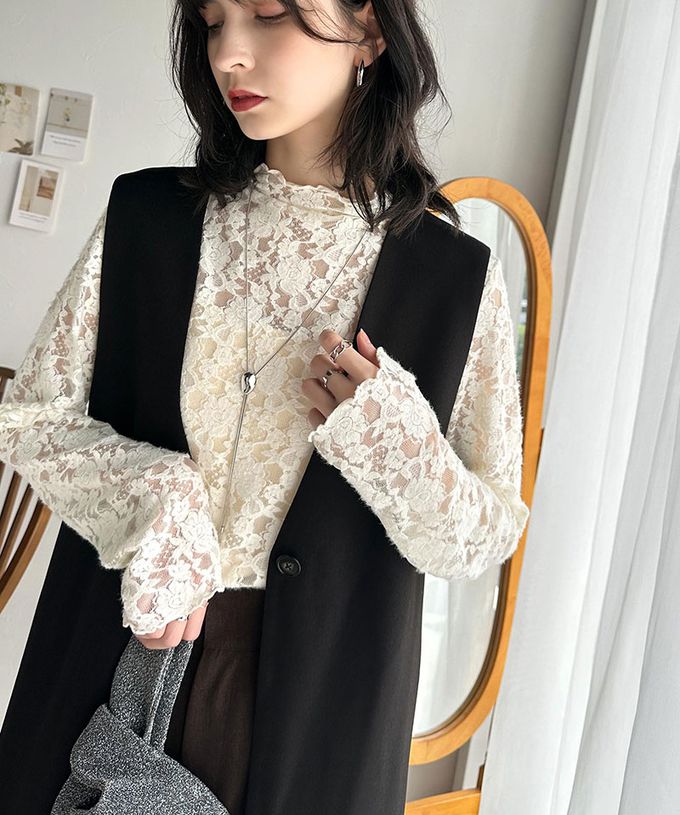 日本 Classical Elf - 夢幻透膚蕾絲小立領長袖上衣(無內裏)-白