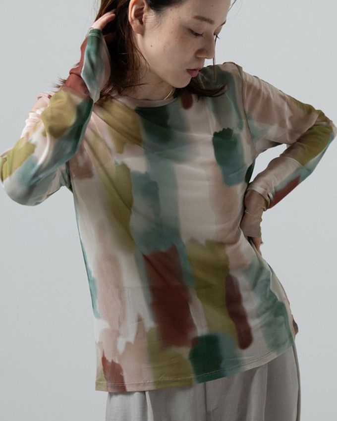 日本 gleam - 水彩畫風透膚休閒長袖上衣-米棕x撞色系