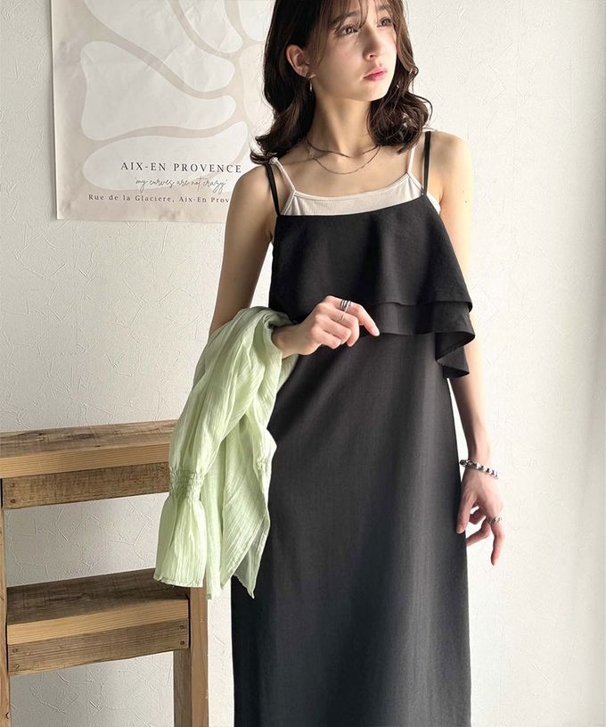 日本 Classical Elf - 雙層荷葉可愛感細肩帶洋裝-黑