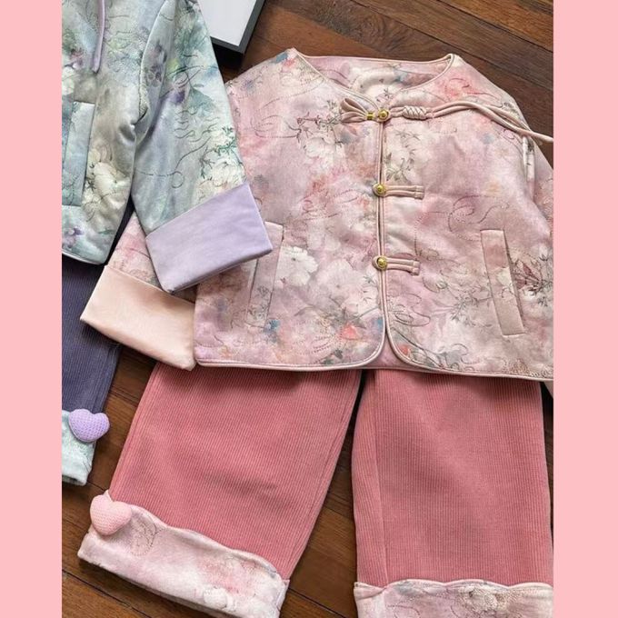 柔美花朵印花盤釦外套坑條長褲套裝 新年拜年女童褲裝