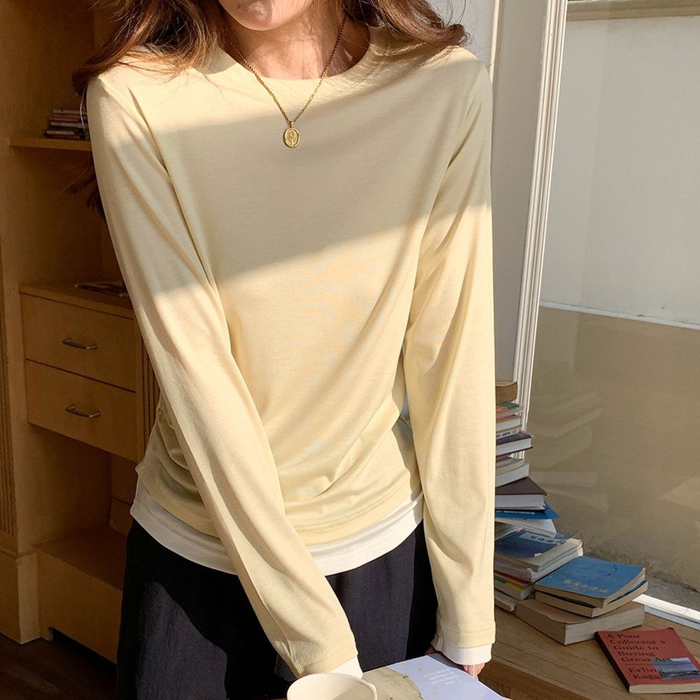 親膚彈力抓褶感假兩件長袖上衣-淡黃 (F)