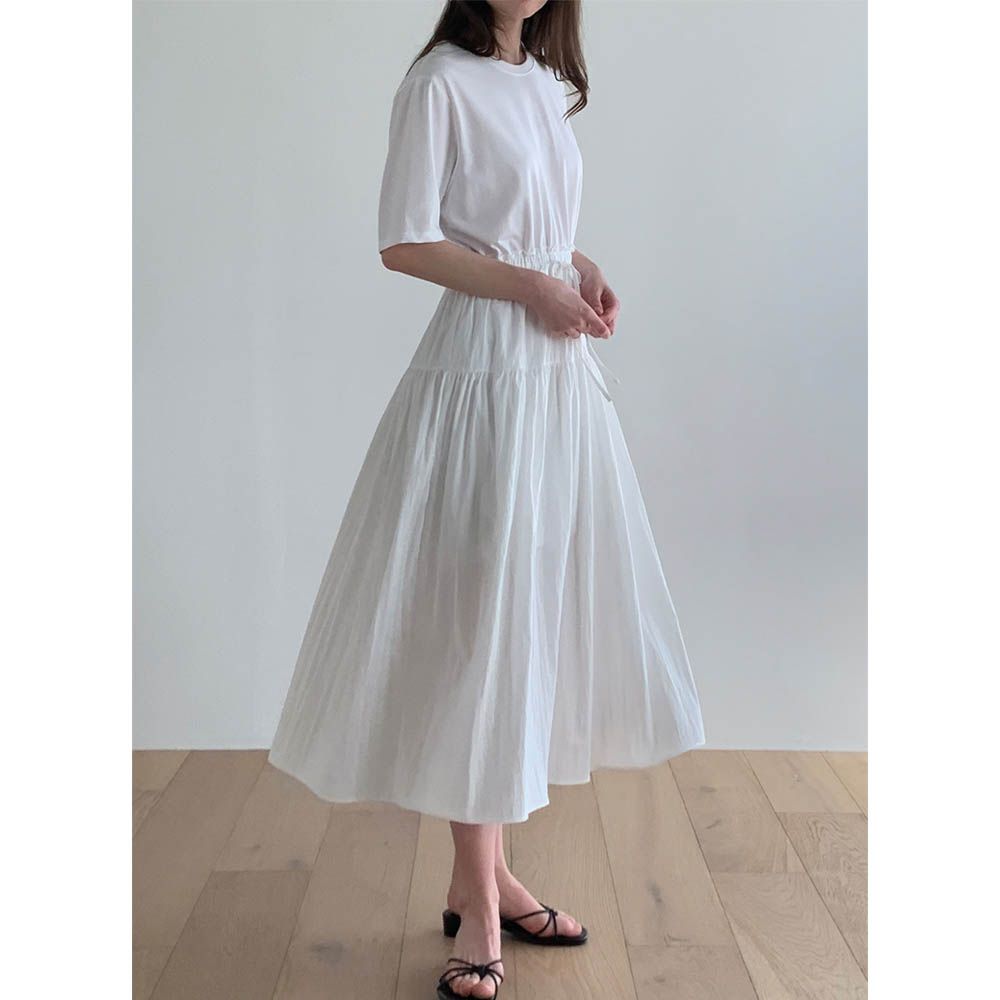 清新感腰線抓褶短袖洋裝-白 (FREE)