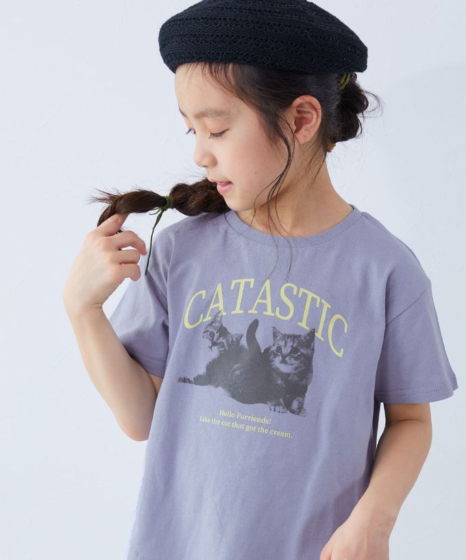 日本 devirock - 100%棉 可愛女孩印花短袖上衣-貓咪-藍紫