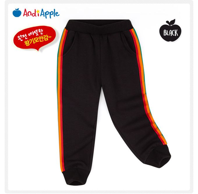 韓國 AndiApple - 彩虹色線點綴內刷毛長袖套裝-黑