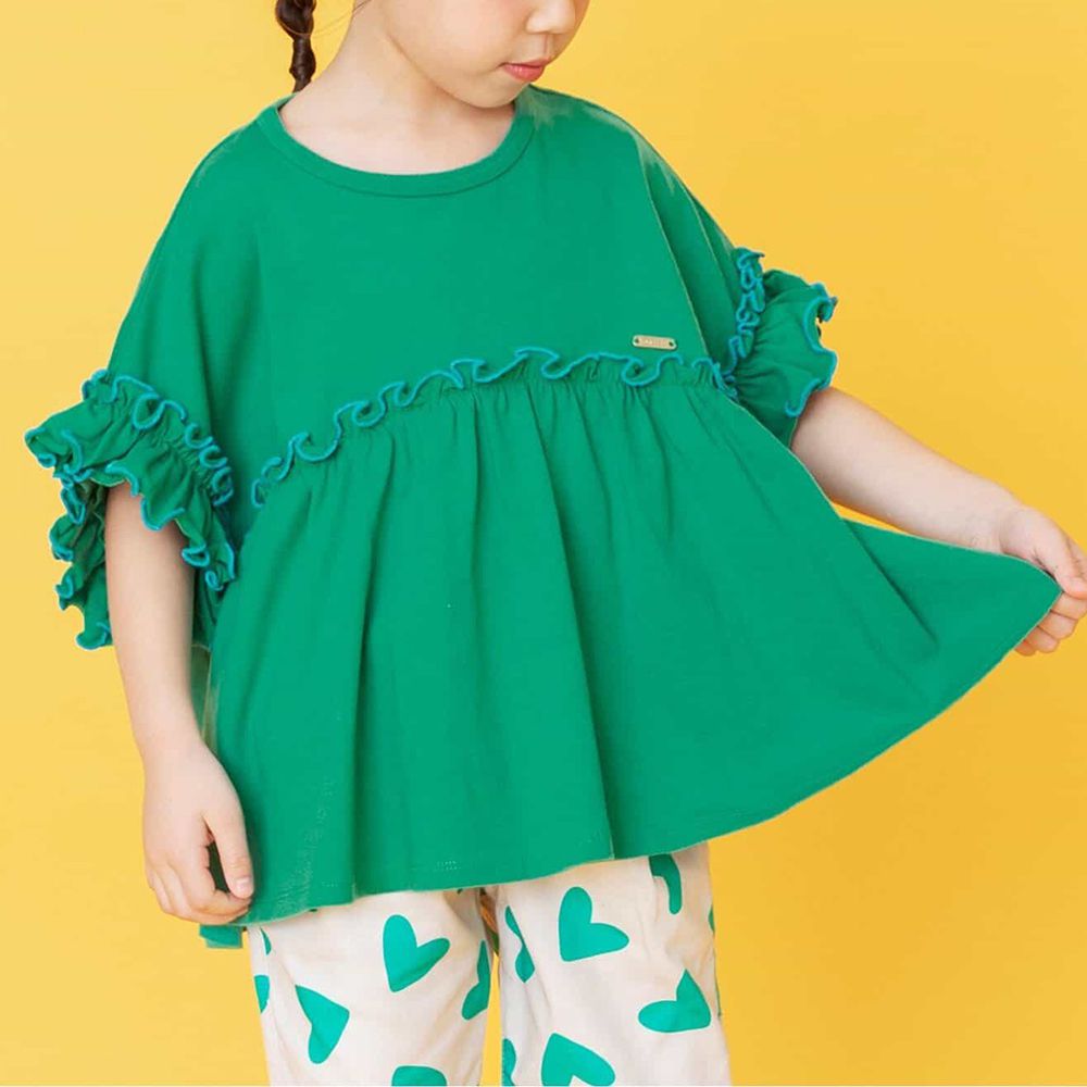 QQ木耳邊傘擺落肩短袖上衣-草綠