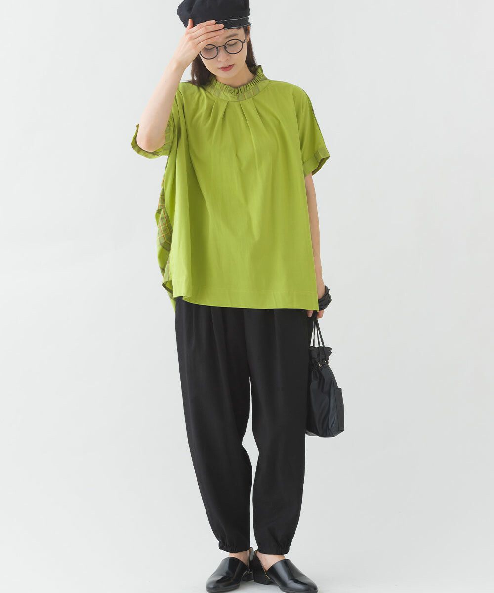 日本女裝代購 - 100%印度棉格紋拼接短袖上衣-深藍