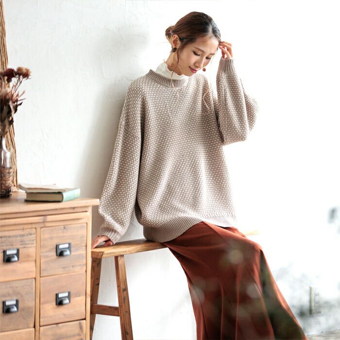 日本 ihuu - 格子編織落肩氣球袖毛衣-磚紅x杏