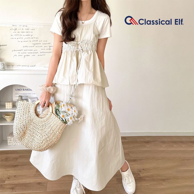 日本 Classical Elf - 假二件可愛皺摺荷葉吊帶洋裝-米白