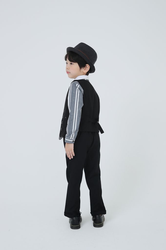 韓國 Coco Bang - 間隔條紋小口袋翻領長袖襯衫-灰