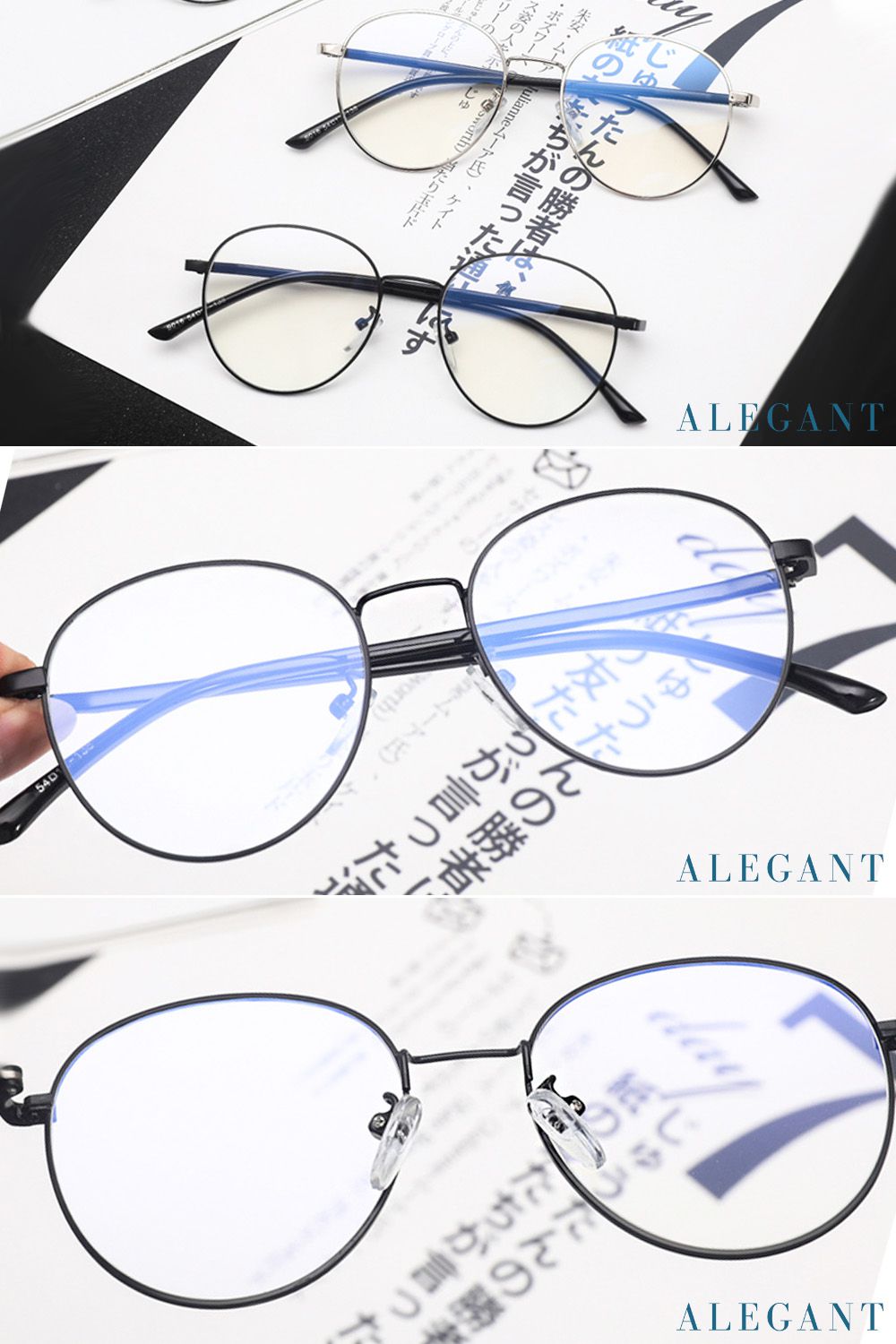 ALEGANT - 率性黑雪松橢圓鏡框輕量鏡腳UV400濾藍光眼鏡