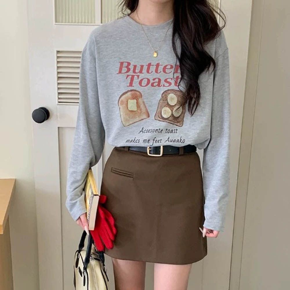 基礎百搭長袖T恤-奶油吐司-淺灰 (F)