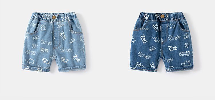 WELLKIDS - 腰鬆緊休閒牛仔五分褲-動物園-淺藍色