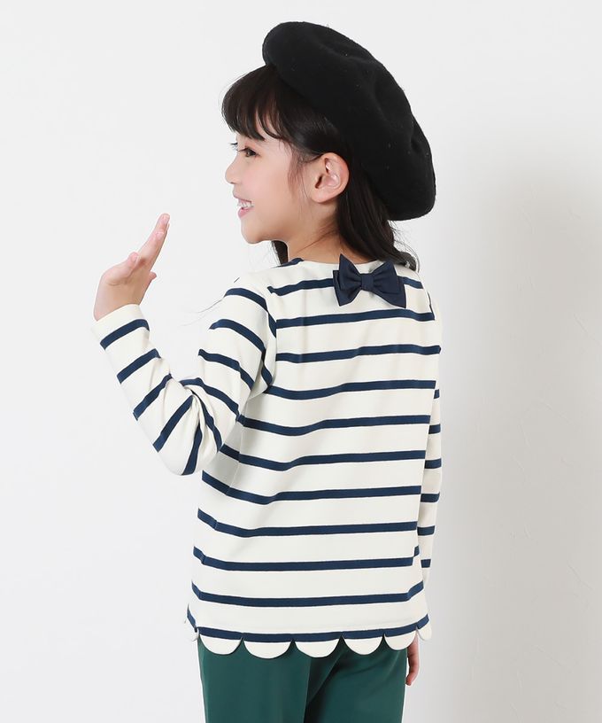 日本 devirock - 可愛扇形蝴蝶結條紋長袖上衣-莓果