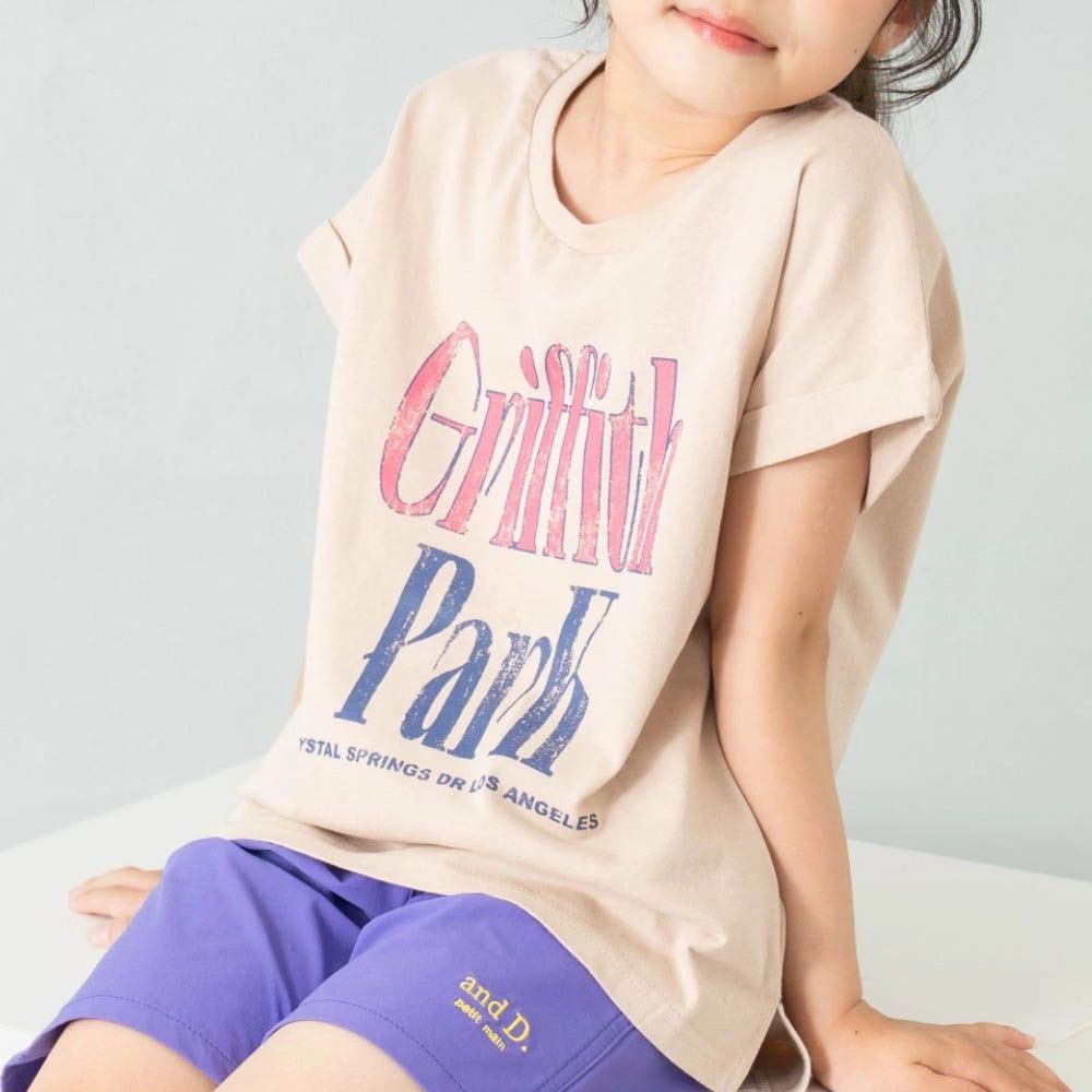 100%棉 開衩印花短袖上衣-英文logo-米杏