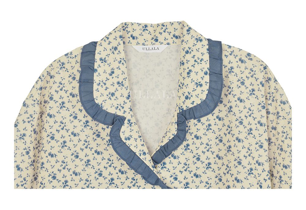 韓國 ULLALA - 玫瑰印花短袖睡衣(兩件式)-藍玫瑰 (FREE)