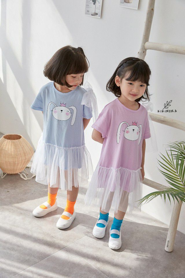 韓國 kikimora - 單邊緞帶皇冠兔網紗拼接洋裝-粉紫