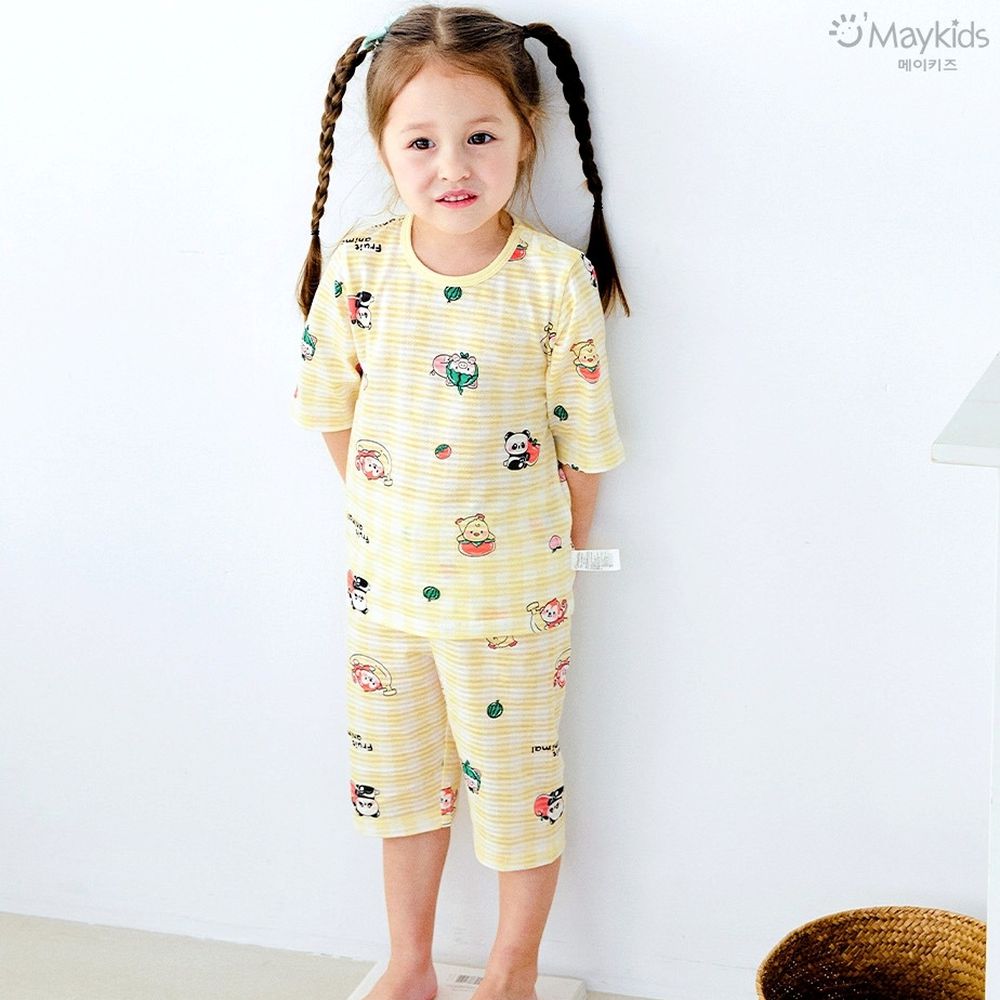 透氣條紋提花棉七分袖家居服-水果動物-淺黃